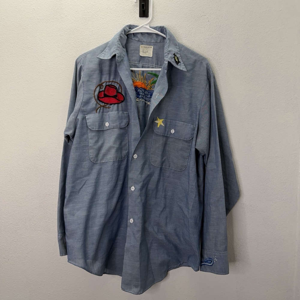 Vintage 60s 70s JCPenney Big Mac Chambray Work Shirt Embroidered Western Hippie